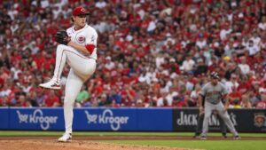 Chase Burns pitching for the Cincinnati Reds at Great American Ball Park