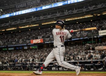 Jose Ramirez batting for the Cleveland Guardians at Yankee Stadium
