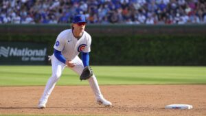 Nico Hoerner fielding at second base for the Chicago Cubs at Wrigley Field