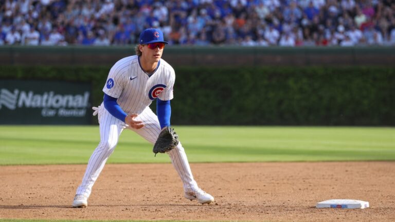 Nico Hoerner fielding at second base for the Chicago Cubs at Wrigley Field
