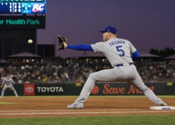 Freddie Freeman at first base for the Los Angeles Dodgers at Sutter Health Park