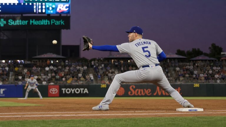 Freddie Freeman at first base for the Los Angeles Dodgers at Sutter Health Park