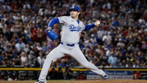 Los Angeles Dodgers pitcher on the mound at Chase Field against the Arizona Diamondbacks