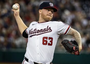 Foster Griffin delivering a pitch for the Washington Nationals at Nationals Park