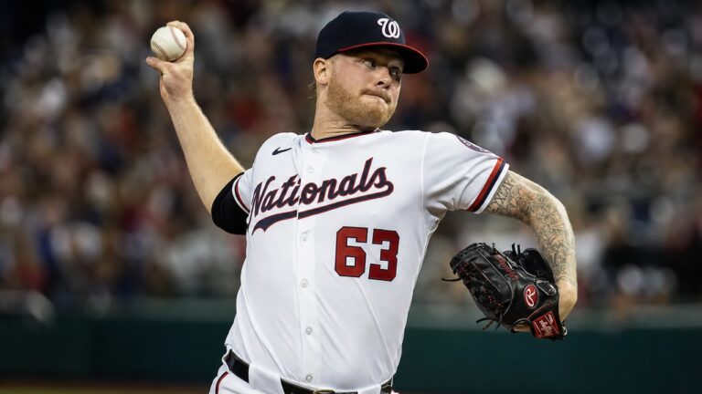 Foster Griffin delivering a pitch for the Washington Nationals at Nationals Park