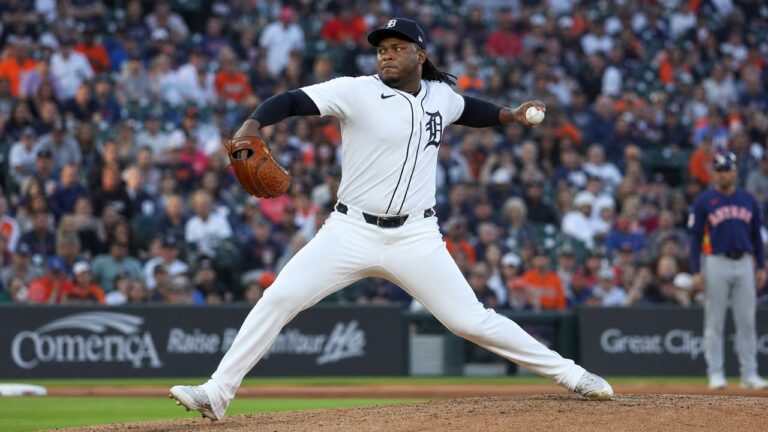 Framber Valdez pitching for the Detroit Tigers at Comerica Park