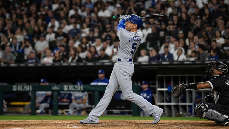 Freddie Freeman batting for the Los Angeles Dodgers at Rate Field in Chicago
