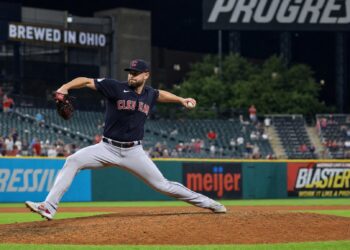 Parker Messick pitching for the Cleveland Guardians at Progressive Field
