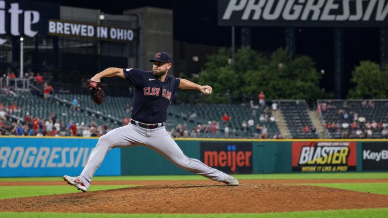 Parker Messick pitching for the Cleveland Guardians at Progressive Field