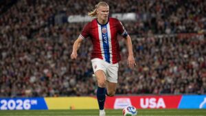 Erling Haaland playing for Norway at Gillette Stadium during the FIFA World Cup 2026
