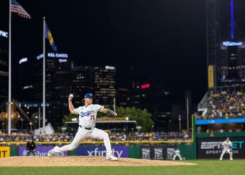 Justin Wrobleski pitching for the Los Angeles Dodgers at PNC Park