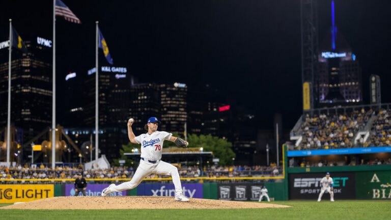Justin Wrobleski pitching for the Los Angeles Dodgers at PNC Park