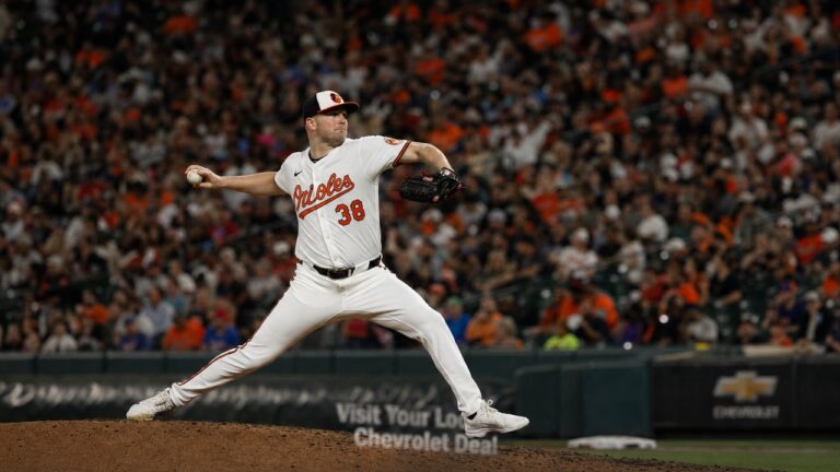 Kyle Bradish pitching for the Baltimore Orioles at Camden Yards