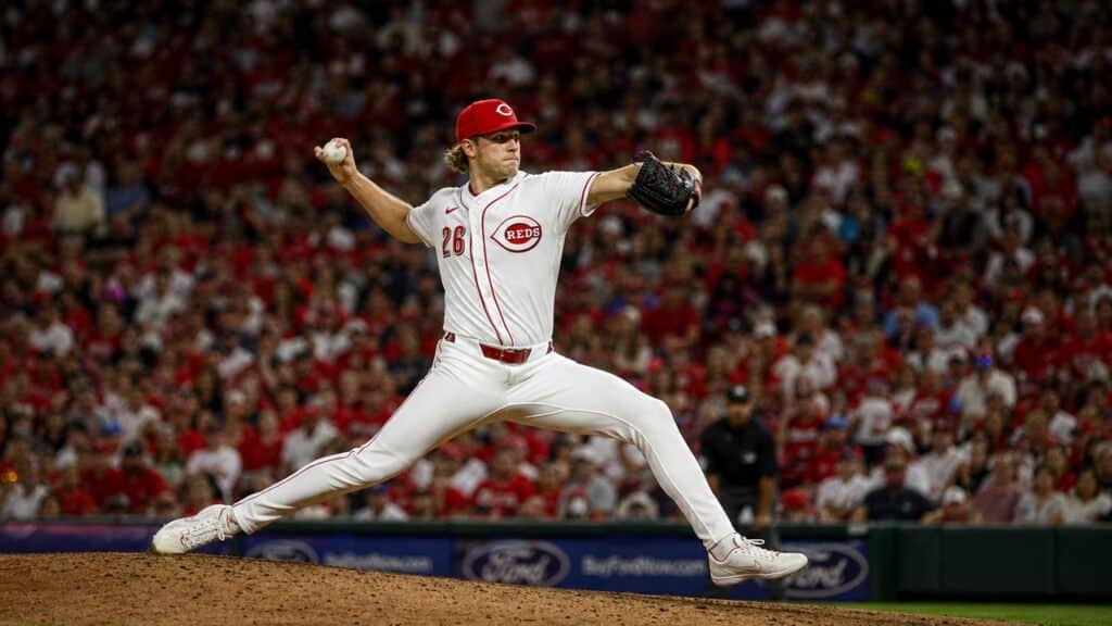 Chase Burns pitching for the Cincinnati Reds