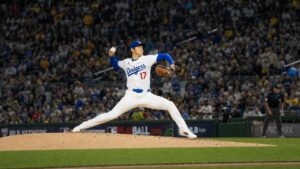 Shohei Ohtani pitching for the Los Angeles Dodgers