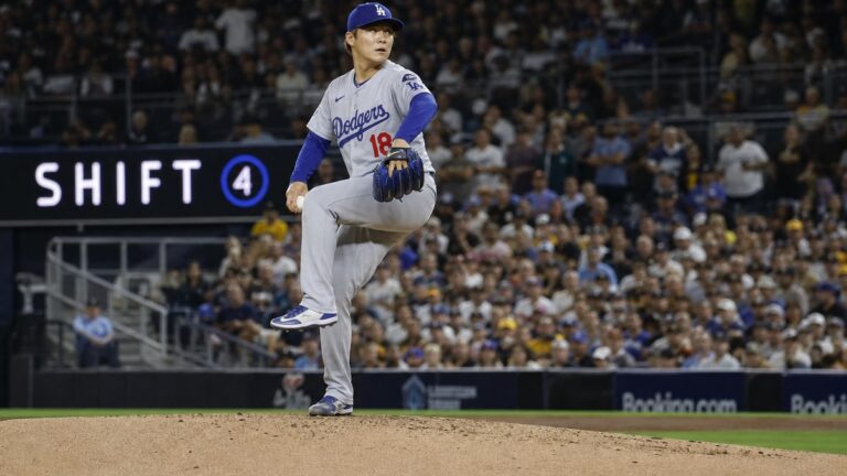 Yoshinobu Yamamoto pitching for the Los Angeles Dodgers