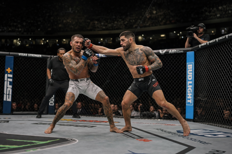 Ilia Topuria landing a right cross inside the UFC octagon