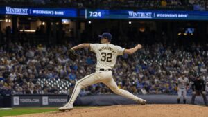 Jacob Misiorowski pitching for the Milwaukee Brewers