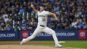 Jacob Misiorowski pitching for the Milwaukee Brewers