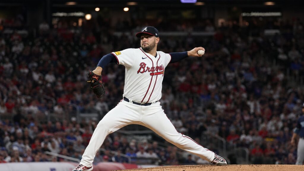 Martin Perez pitching for the Atlanta Braves at Truist Park