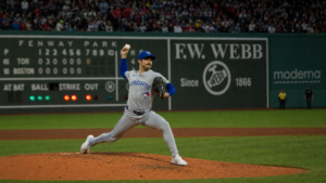 Dylan Cease pitching for the Toronto Blue Jays at Fenway Park