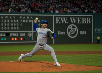 Dylan Cease pitching for the Toronto Blue Jays at Fenway Park