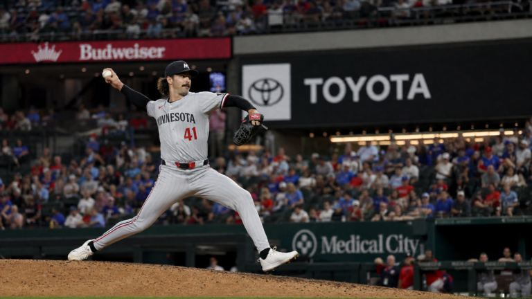 Joe Ryan pitching for the Minnesota Twins at Globe Life Field