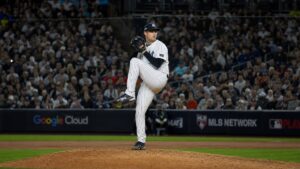New York Yankees pitcher Cam Schlittler on the mound at Yankee Stadium