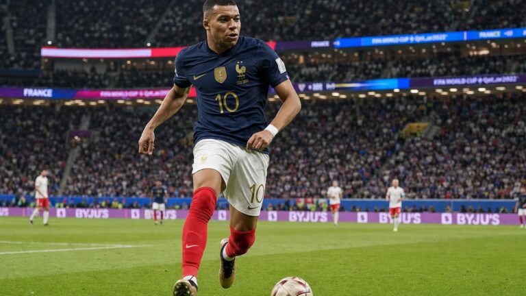 soccer player sprinting with the ball in a packed World Cup stadium