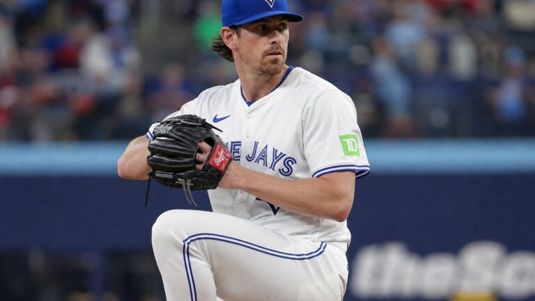 Shane Bieber pitching for the Toronto Blue Jays at Rogers Centre
