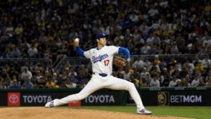 Shohei Ohtani in full pitching delivery for the Los Angeles Dodgers