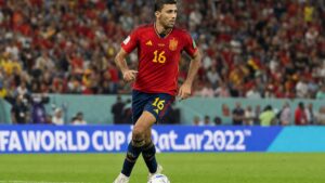 Spain national soccer team player dribbling at Estadio Akron Guadalajara during FIFA World Cup 2026