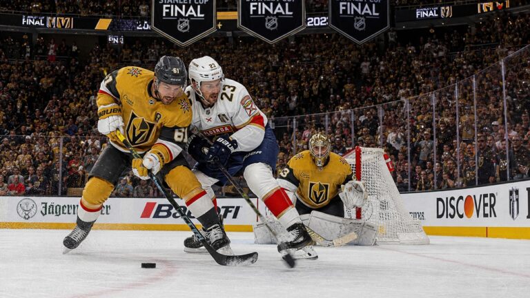 Hockey players battling for the puck during the Stanley Cup Final
