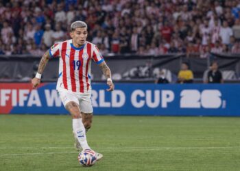 Julio Enciso of Paraguay in action at the 2026 FIFA World Cup at Levi's Stadium in Santa Clara