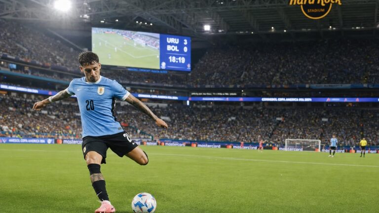 Uruguayan soccer player in light blue national team jersey in action at a World Cup match in Miami