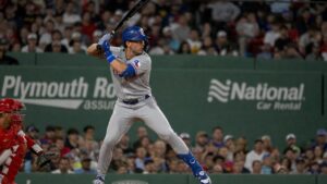 Wyatt Langford batting for the Texas Rangers at Fenway Park