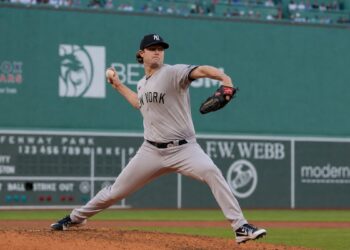 Gerrit Cole pitching for the New York Yankees at Fenway Park