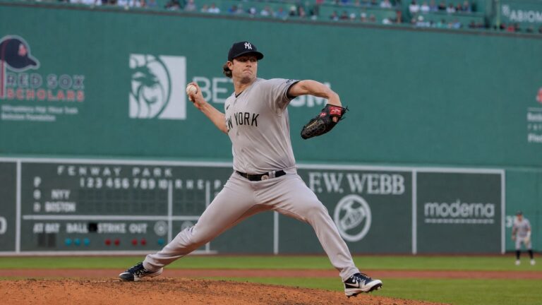 Gerrit Cole pitching for the New York Yankees at Fenway Park