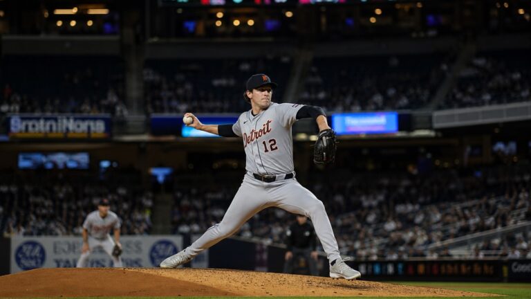 Casey Mize pitching on the mound at Yankee Stadium