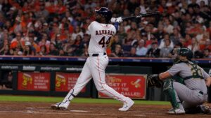 Yordan Alvarez batting for the Houston Astros at Daikin Park