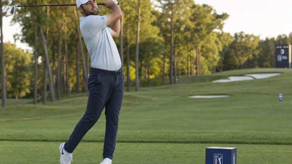 Scottie Scheffler hitting a tee shot during a PGA Tour event