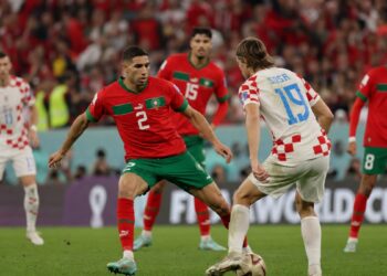 Achraf Hakimi defending for Morocco at the 2026 FIFA World Cup