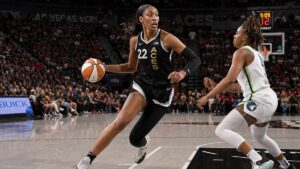 A'ja Wilson driving to the basket for the Las Vegas Aces