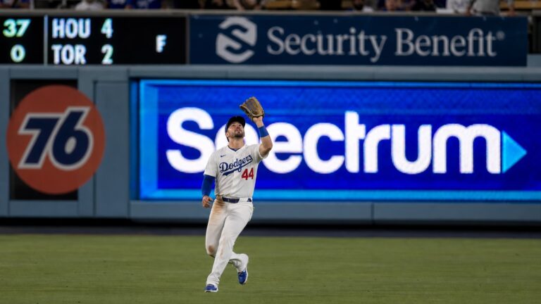 Andy Pages tracking a fly ball for the Los Angeles Dodgers