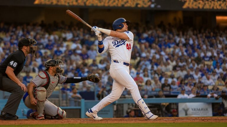 Andy Pages batting for the Los Angeles Dodgers at Dodger Stadium