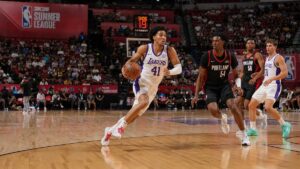 Anton Watson driving to the basket for the Los Angeles Lakers at NBA Summer League
