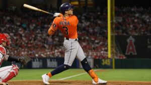 Jeremy Pena batting for the Houston Astros against the Los Angeles Angels