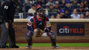 Drake Baldwin catching for the Atlanta Braves against the New York Mets