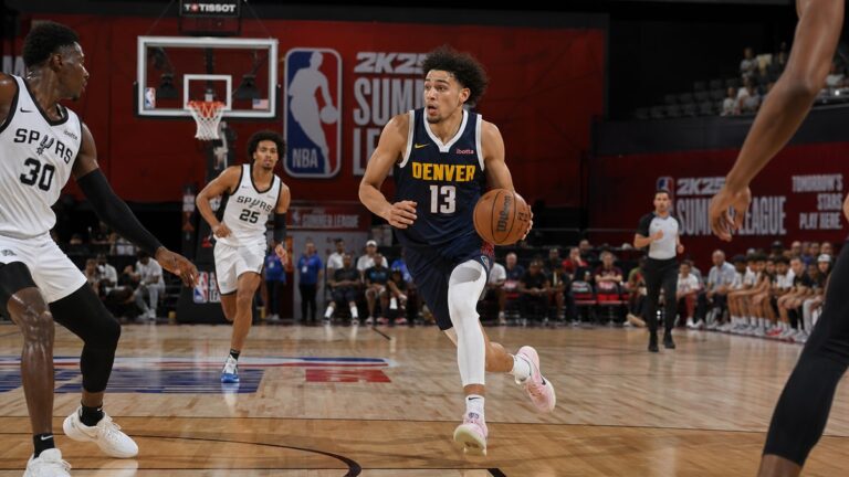 Bryce Hopkins driving to the basket for the Denver Nuggets in NBA Summer League action