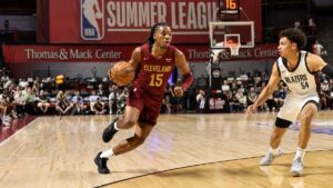 Meleek Thomas driving to the basket for the Cleveland Cavaliers in NBA Summer League